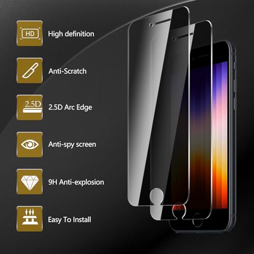 3 Pack Privacy Screen Protector for iPhone SE 2022/SE 2020/8/7 (iPhone 2nd/3rd Generation), Anti Spy Tempered Glass 9H Hardness, Black Protector Anti Spy, Bubble Free, Anti-Scratch - size: iPhone SE 2022/2020/8/7 FK3