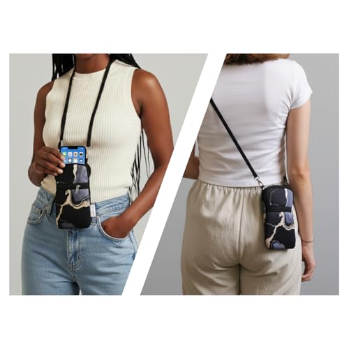 Tainada Small Crossbody Zipper Phone Neck Pouch (Marble Black) mini Neoprene Dual Zip Wallet Purse Bag; Water-Resistant, Shockproof, Lightweight; Adjustable & Detachable Strap - color: Marble Black