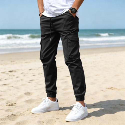 Mens Cargo Pants Casual Baggy Sweatpant Drawstring Waist Cuffed Pants Lightweight Stretch Trousers with Pockets