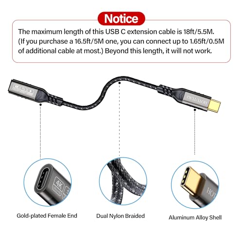 USB C Extension Cable 10ft,usb c female to usb c male cable long,usc to usc extender cable usb 3.2 Extension 240W PD Fast Charging 20 Gbps Compatibility with Laptop Tablet Mobile Phone and more - size: 10 ft