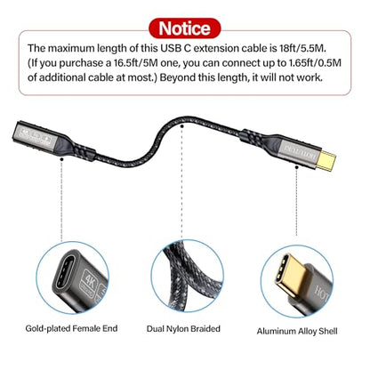 USB c Extension Cable 3.3ft, USB C 3.2 Extender Cord,USB c Male to to USB c Female Support PD 240W/5A Fast Charging, 20Gbps Sync Transfer, high Speed USB c Extension Cable - size: 3.3 ft