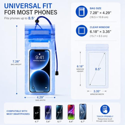5 Pack 8.5" Multicolor Waterproof Phone Pouch, IP68 Universal Cell Phone Dry Bag Clear Case with Lanyard, Beach, Swimming, Cruise Ship Travel Essentials for iPhone 17 16 Pro Max,Samsung,and More