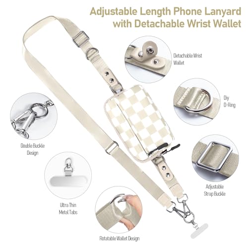 Tiostep Clip and Go Strap for Phone with Wallet Crossbody Phone Lanyard Adjustable and Detachable RFID Wristlet Wallet (Beige Yellow Checkered, Large) - color: Beige Yellow Checkered, size: Large
