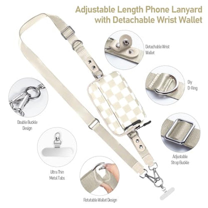 Tiostep Clip and Go Strap for Phone with Wallet Crossbody Phone Lanyard Adjustable and Detachable RFID Wristlet Wallet (Beige Yellwo Checkered, Medium) - color: Beige Yellow Checkered, size: Medium