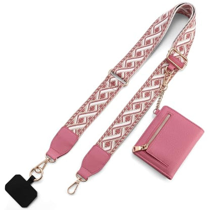 Diaclara Clip and Go Phone Strap with Zipper Pouch- Stylish Crossbody Adjustable Chain Lanyard with Leather Wallet for All Phones, Pink - color: Pink