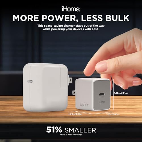 iHome GaN Universal USB-C Charger Block, Power Delivery, Folding Prongs, Compact Travel Design for Phones, Tablets & USB-C Devices (White, 30W) - color: White, size: 30W