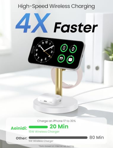 Aeinidi 3 in 1 Fast Wireless Charging Station for Apple MagSafe Charger - color: Gold White, size: 15W