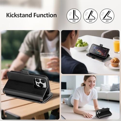 Antsturdy Compatible with MagSafe iPhone 13 Pro Wallet Case,Black | Detachable Magnetic Credit Card Holder,RFID Blocking,PU Leather Zipper Purse,Wrist Strap Kickstand,Flip Phone Cover for Women - color: (Detachable with Magsafe)-Black