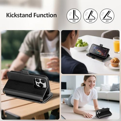 Antsturdy Compatible with MagSafe iPhone 15 Pro Max Wallet Case,Black | Detachable Magnetic Credit Card Holder,RFID Blocking,PU Leather Zipper Purse,Wrist Strap Kickstand,Flip Phone Cover for Women - color: (Detachable with Magsafe)-Black