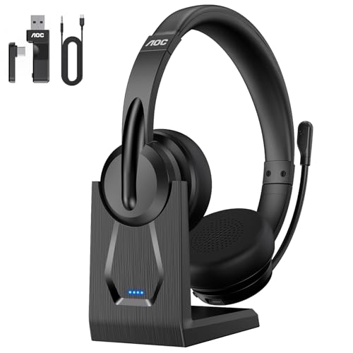 AOC Wireless Headset with Mic for Work, Bluetooth 5.4 Wireless Headset with AI Noise Canceling Mics, USB A/C Dongle, Charging Base & Mic Mute, Wireless Headphones for Laptop, PC (Classic Black)