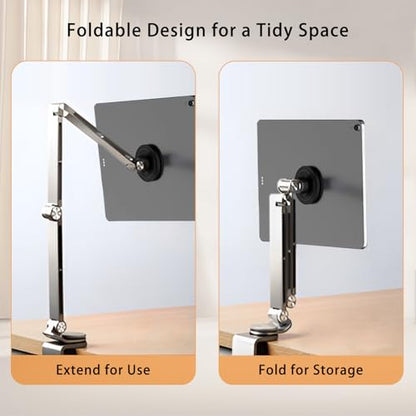Magnetic Tablet Stand for Desk Aluminum Alloy Phone iPad Desk Holder Overhead Arm Mount with 360°Rotate Base for Magsafe/iPhone/Android/iPad (Magnetic Silver) - color: Magnetic Silver