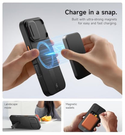 SURITCH for iPhone 16 Case with Magnetic Camera Slide Cover and Adjustable Kickstand, Compatible with MagSafe, Shockproof Bumper Case Slim Protective Cover 6.1 Inch, Black - color: Black, size: IPhone 16-6.1"