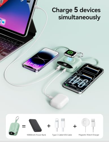 Portable Charger 10000mAh 22.5W Power Bank Built-in 2 Cables Keychain | Charge 5 Devices, TSA approved, Travel Fast Charging Battery Pack for iPhone Samsung Google Android & iWatch Charger, Green - color: Green