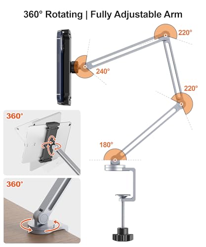 YICOSUN Tablet Stand for Desk - Heavy Duty Aluminum iPad Arm Mount with Super Grip Clamp, 360° Rotating Foldable Holder for 4.7-13" iPad, Kindle, Phone - Reading, Drawing, Video Call - Silver - color: Silver