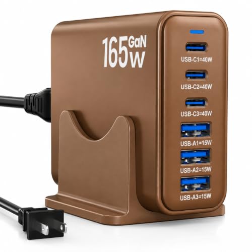 165W GaN Charging Station, 6-Port Desk Charging Station, Brown - color: Brown