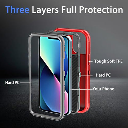 YmhxcY for iPhone 13 Case, 2X Glass Screen and Camera Protector, 3 in 1 Heavy Duty Shockproof Drop Protection Stripe Rubber Cover for 13 6.1"-Red/Gray - color: Red/Gray