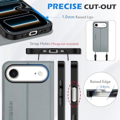 SHIELDON Genuine Leather Case Wallet for iPhone Air 6.5" 2025, Grey | Folio Magnetic Closure, RFID Blocking, Credit Card Holder, Kickstand, Shock Absorbing Protective Cover - color: Gray