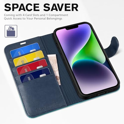 TUCCH Wallet Case for iPhone 14 6.1", 4 Card Holders, Dark Blue & Lake Blue | RFID Blocking, Viewing Stand, Shockproof TPU Shell, PU Leather, Magnetic Closure, Protective Folio Flip Cover - color: Dark Blue & Lake Blue