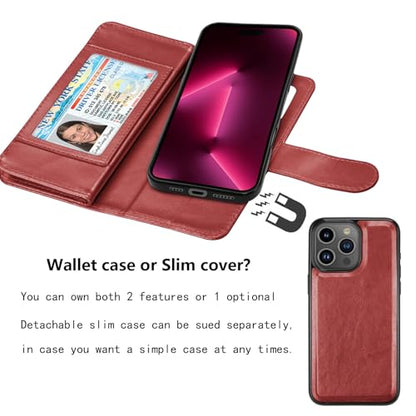 NJJEX Compatible with iPhone 16 Pro Max Wallet Case, 9 Card Slots, Wine Red | PU leather folio flip, detachable magnetic phone cover, integrated kickstand, included lanyard - color: Wine Red, size: iPhone 16 Pro Max