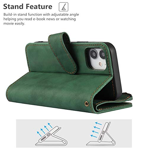 iCoverCase for iPhone 12 Mini Wallet Case with Card Holder and Wrist Strap, PU Leather Kickstand Card Slots Zipper Pocket Magnetic [Detachable] Flip Cover Case 5.4 Inch (Green) - color: Green