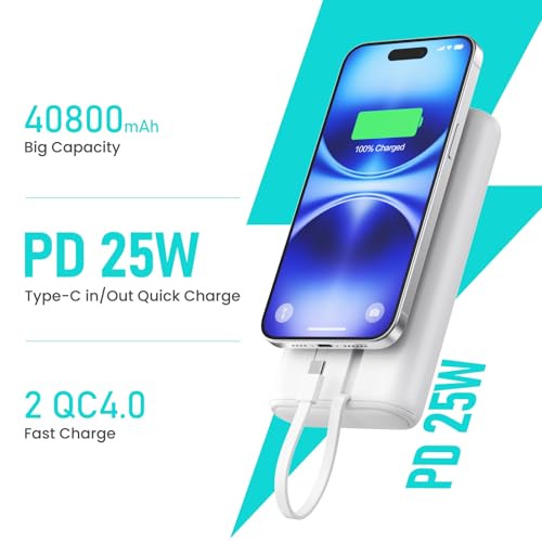 Portable Charger 40,800mAh Power Bank 25W Portable Battery Pack with 2 Built in Cables [2026 Upgraded], PD QC4.0 Fast Charging Portable Phone Charger Compatible with iPhone 17/16,Android Samsung-White - color: White