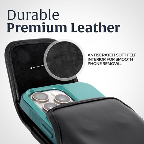 Turtleback Belt Clip for iPhone 16 Pro, 16e, 15 pro 14 Pro 13 Pro -Medium- Fits w/Shockproof Commuter Style Cases, Premium Black Leather, Vertical Belt Holder, Magnetic Closure HD Rotating Clip - color: Vertical - Leather w/ Metal Clip, size: Medium