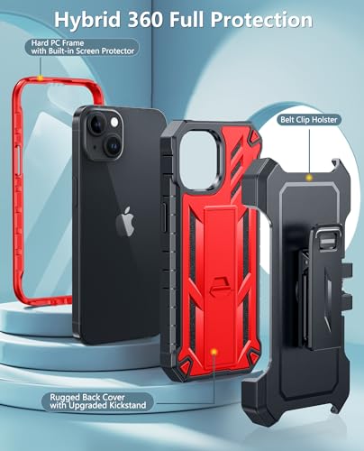 FNTCASE for iPhone 15 Case with Belt Clip and Built-in Screen Protector Red | Rugged Kickstand, 20FT Military-Grade Drop Protection, Full Body Heavy Duty Shockproof Holster, Hard Protective Cover - color: Red