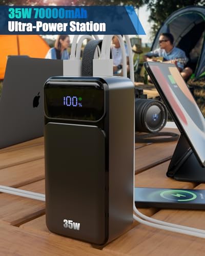 70000mAh Portable Charger, 35W Fast Charging Power Bank Built-in 3 Cables with 7 Ports, High Capacity Large External Battery Pack for iPhone,Galaxy,Steam Deck, Camping Travel Essentials