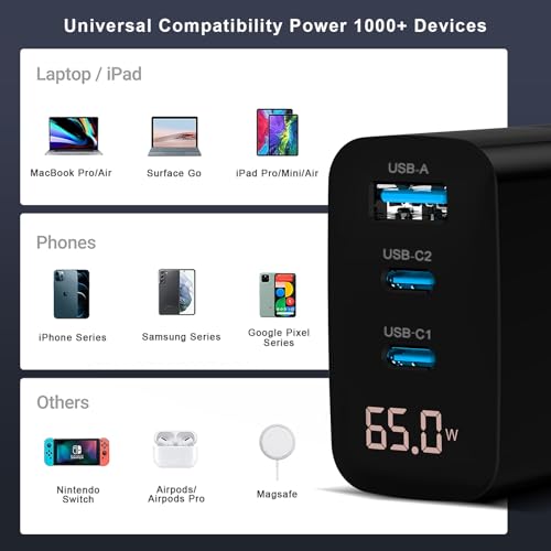 DCV 65W USB C Charger Block with Cable 6.6ft, GaN 3-Port Foldable Charger - color: Black+White Cable