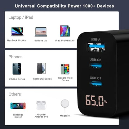 DCV 65W USB C Charger, GaN 3-Port Fast Charging Block with LED Digital Display, PD/PPS/QC 3.0 Foldable Wall Charger for Laptops, MacBook, iPhone 17/16, iPad Pro, Galaxy S23/S22, Note 20, without Cable - color: Black
