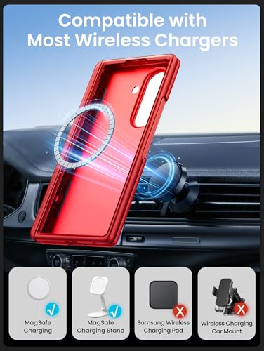 i-Blason for Samsung Galaxy Z Fold 7 Case MagSafe with Stand [9H+ Tempered Glass Screen Protector] [Hinge Protection] Wireless Charging Full-Body Protective Kickstand Case for Z Fold 7 (Red) - color: Red