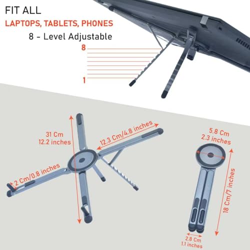 Foldable Laptop Stand, Adjustable w/Magnetic Phone Holder, Aluminum 10-16" - color: Silver Gray