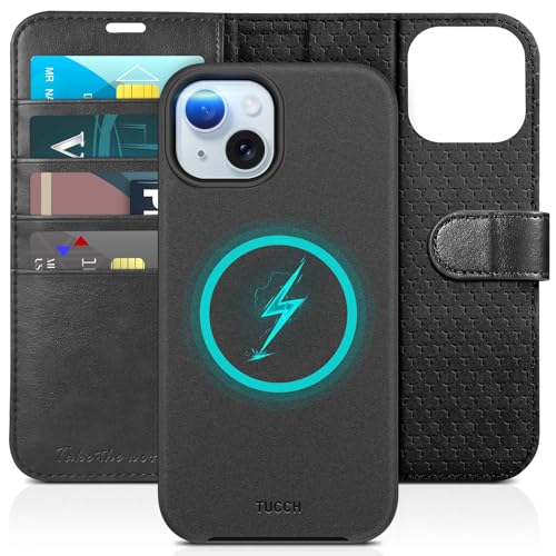 TUCCH 2-in-1 Detachable Wallet Case for iPhone 15 (6.1") 2023, Black | 4 Card Holders, RFID Blocking, Wireless Charging, Kickstand, Shockproof TPU, PU Leather, Magnetic, Folio Cover - color: Black (2-in-1 Detachable)