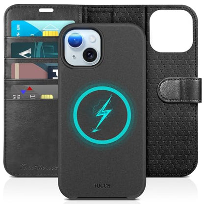 TUCCH 2-in-1 Detachable Wallet Case for iPhone 15 (6.1") 2023, Black | 4 Card Holders, RFID Blocking, Wireless Charging, Kickstand, Shockproof TPU, PU Leather, Magnetic, Folio Cover - color: Black (2-in-1 Detachable)