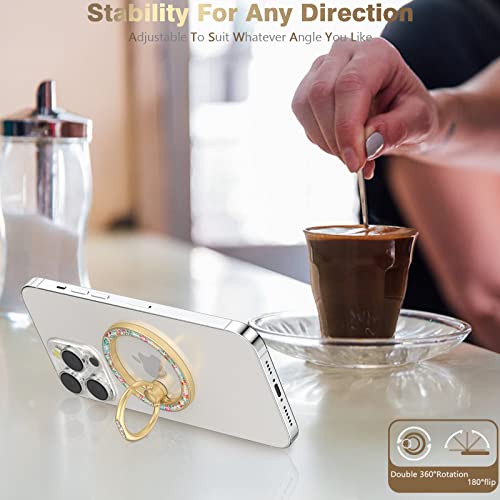 Doflyesky Magnetic Phone Ring Holder for iPhone, 360 Degree Rotation Floral Phone Grip Finger Ring Kickstand for iPhone 16 15 14 13 12 Pro Max Plus MagSafe Case, Android Phone, Gold