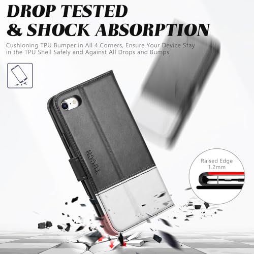 TUCCH Wallet Case for iPhone SE 2022/SE 2020/iPhone 7/8 4.7", Black & White | 3 Card Holders, Kickstand, PU Leather, Shockproof TPU Shell, Magnetic Closure, Protective Folio Cover - color: Black & White