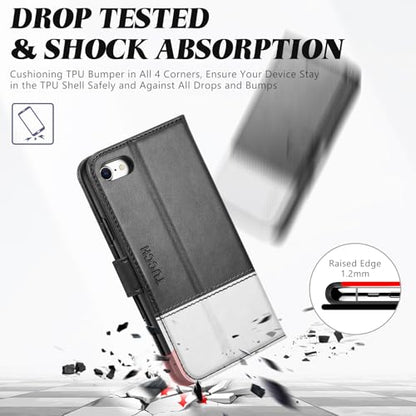 TUCCH Wallet Case for iPhone SE 2022/SE 2020/iPhone 7/8 4.7", Black & White | 3 Card Holders, Kickstand, PU Leather, Shockproof TPU Shell, Magnetic Closure, Protective Folio Cover - color: Black & White