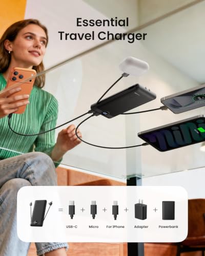 Portable Charger with Wall Plug, Slim USB C Power Bank with Built-in Cables, 10000mah LED Display External Battery Pack Compatible with iPhone/Android & More (Black) - color: Black