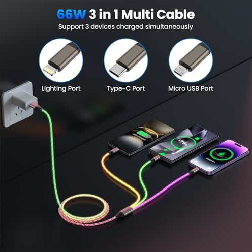 Light Up Charging Cable 66W USB C 3 in 1 Charger Cable RGB LED Light Up Glowing Light Up Charging Cable iPhone Cord 4 FT Multi Cable with Light for iPhone 16/15/14/13/12Series/iPad Pro/Samsung/Pixel