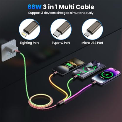 Light Up Charging Cable 66W USB C 3 in 1 Charger Cable RGB LED Light Up Glowing Light Up Charging Cable iPhone Cord 4 FT Multi Cable with Light for iPhone 16/15/14/13/12Series/iPad Pro/Samsung/Pixel
