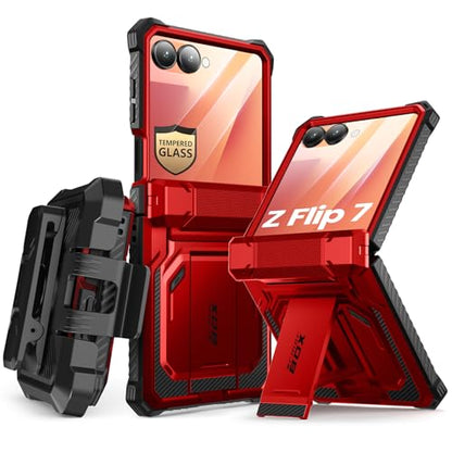 i-Blason for Samsung Galaxy Z Flip 7 Case with Stand & Belt-Clip, Red | Built-in Screen Protector, Hinge Protection, Belt-Clip, KickStand, Full-Body Protection, Military - color: Ruddy