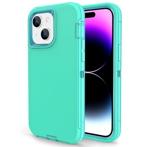 Compatible with iPhone 15, Dual Layer Shockproof Full Body Cover Military Grade Drop Protection Heavy Duty Phone Case for Apple iPhone 15/14/13 6.1 inch (Turquoise/Light Blue) - color: Turquoise/Light Blue
