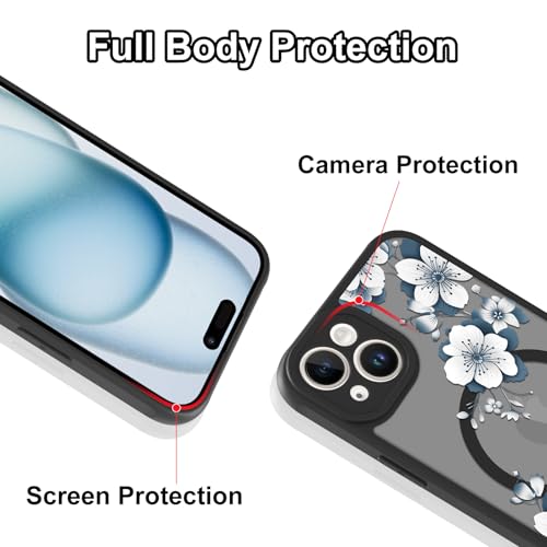 Magnetic for iPhone 15 Plus Case,White Flower | [Compatible with MagSafe] Cute Fashion Translucent Matte Hard Back Shockproof Anti-Scratch Phone Case,Ink Flower - color: Ink Flower, size: iPhone 15 Plus