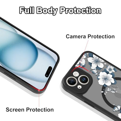 Magnetic for iPhone 15 Plus Case,White Flower | [Compatible with MagSafe] Cute Fashion Translucent Matte Hard Back Shockproof Anti-Scratch Phone Case,Ink Flower - color: Ink Flower, size: iPhone 15 Plus