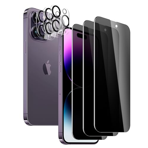 3 Pack Privacy Screen Protector for iPhone 14 Pro with 3 Pack Camera Lens Protector, 9H Hardness Double Shatterproof Anti-Spy Tempered Glass Film, Easy Installation - size: iPhone 14 Pro
