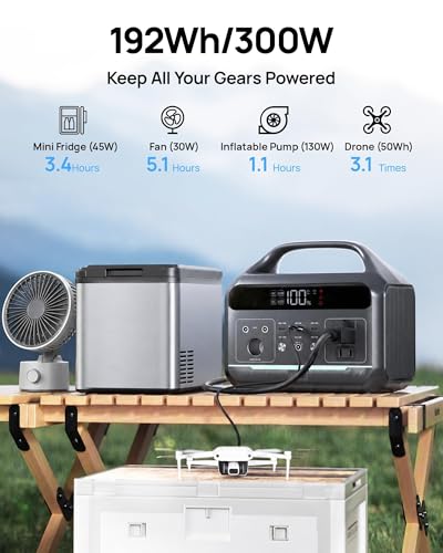 DaranEner Portable Power Station 300W (600W Surge), 192Wh LiFePO4 Lightweight Battery Backup, Solar Generator with 110V AC Outlet | 8-Port Fast Charging Power Supply for Home Emergency, Camping, RV