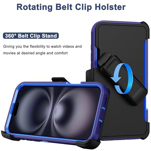 for iPhone 16 Phone Case, Military Grade Drop Protection Cell Phone Cover with Belt Clip Holster Stand, Screen Protector x2 Rugged Shockproof Kickstand for iPhone 16 Case 6.1 inch (Blue) - color: Blue