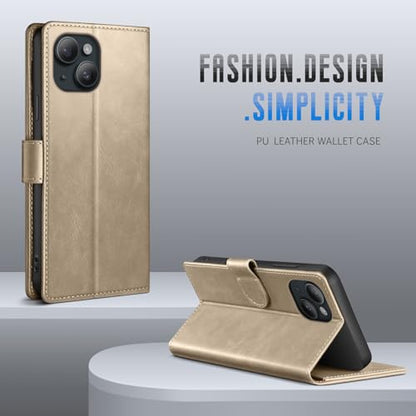 Wallet Case for iPhone 15 6.1", Golden | RFID-Blocking Card Holder, Kickstand, Magnetic Closure, PU Leather Folio Flip Cover, Protective Women Men Cases - color: Golden, size: iPhone 15