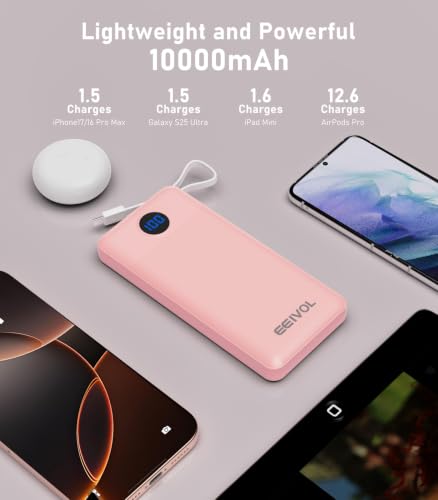 Portable Charger Built in 4 Cables, 10000mAh Power Bank, Pink - color: Pink