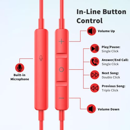 USB C Earbuds Wired Headphones for iPhone 18 Pro Max 17 16 17e,Red - color: Red